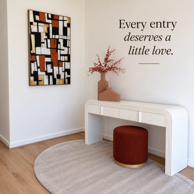 ✨ The front door is where the story begins.Before anyone sees the kitchen or the view, they feel the entry. A striking artwork, earthy tones and soft layered textures set the mood the moment the door swings open.Small space, big impression. That’s the magic. 🤍#EntrywayStyling #HomeStaging #StagedToSell #AdelaideStyling #InteriorStyling FirstImpressions CreativeRooms