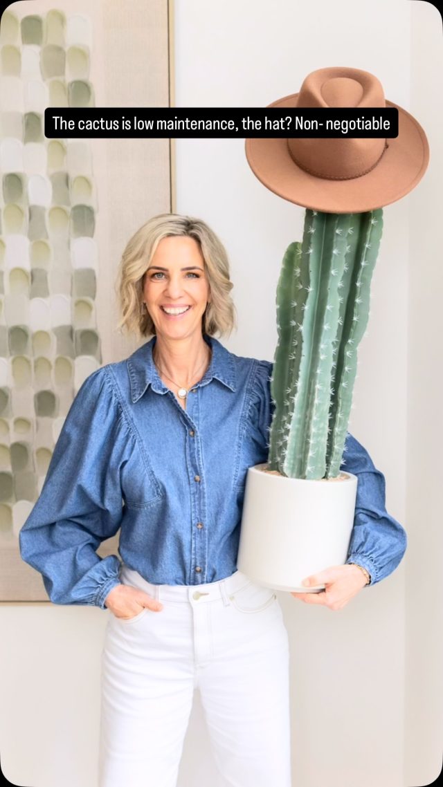 Prickly Meets Polished. 🌵Low maintenance meets signature style; even the cactus knows a good room when it sees one.Every space we style carries a little something extra. A hat here, a bold accent there, the small details that make a house feel like it was made to be noticed.This is what staged to sell looks like when it’s got personality.#CreativeRooms #stagetosell #HomeStaging #AdelaideRealEstate #SignatureStyle InteriorStyling