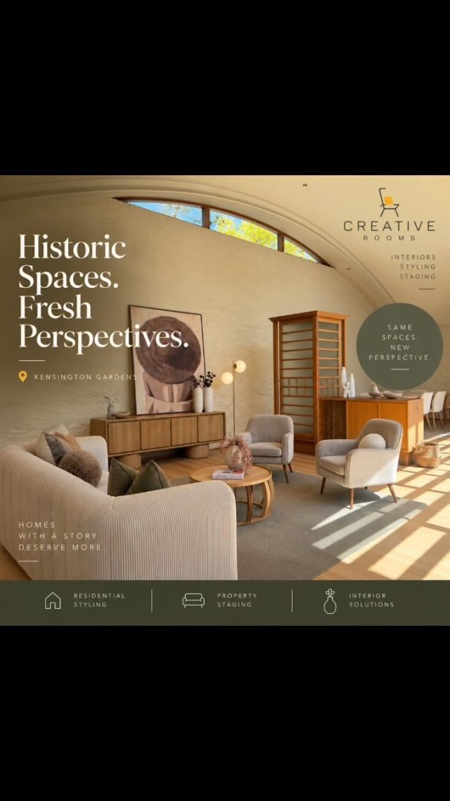 Historic spaces, fresh perspectives. ✨We loved styling this beautiful Kensington Gardens home, bringing warmth, texture and a fresh sense of possibility to every corner.Creative Rooms — creating spaces that inspire.#CreativeRooms #PropertyStyling #InteriorStyling #KensingtonGardens #HomeStaging InteriorInspiration